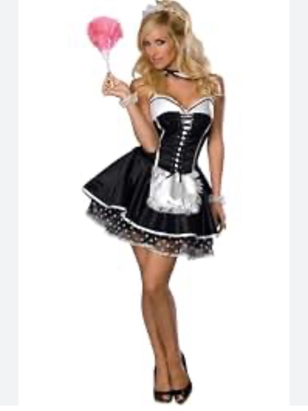 NEW SECRET WISHES SEXY Black & White Maid Costume Dress Attached Apron headpiece